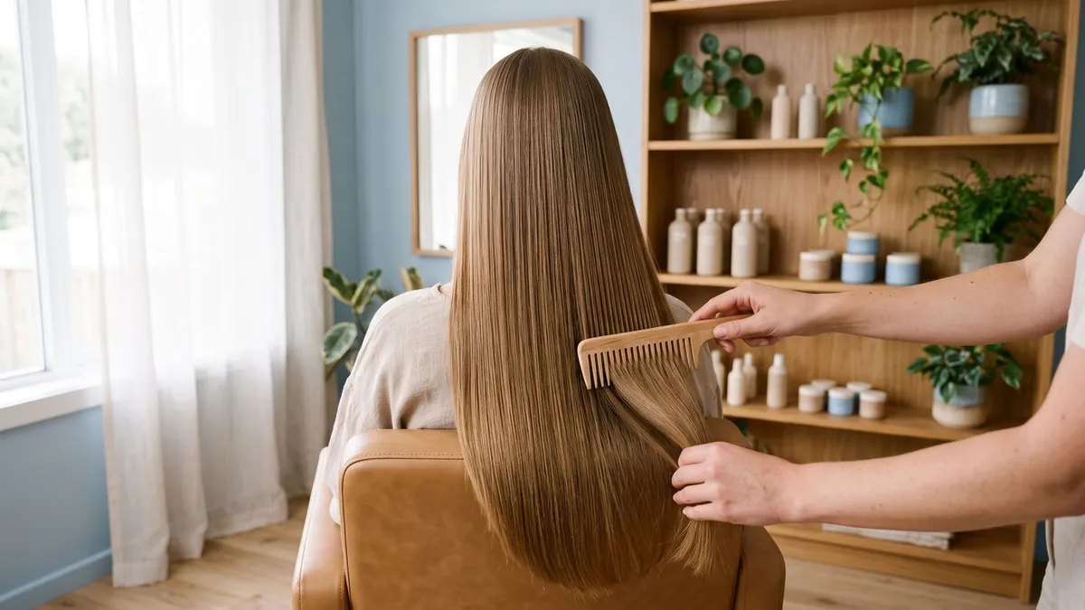 Illustration: a hairdresser combing through long, smooth hair after a nanoplasty treatment
