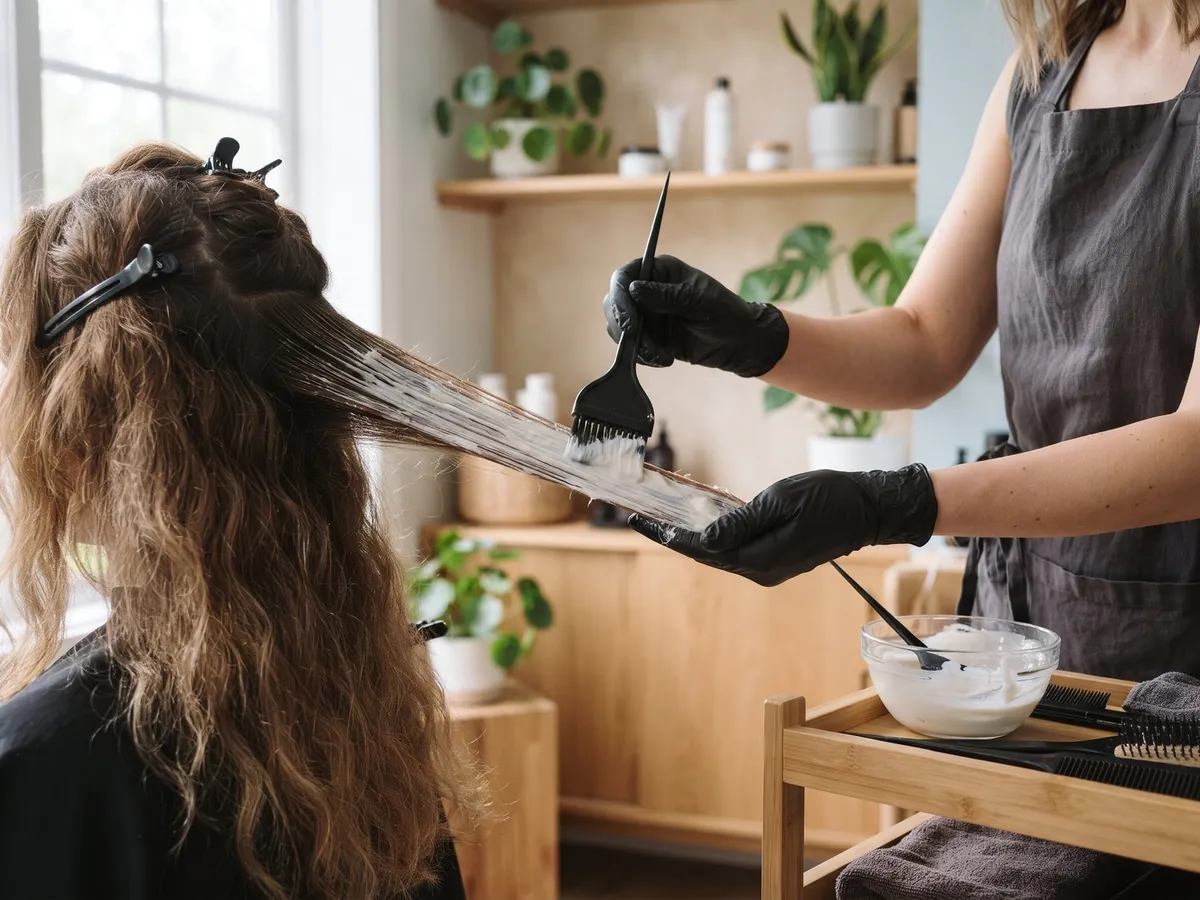 Illustration: a smoothing treatment being brushed onto a section of long, frizzy hair