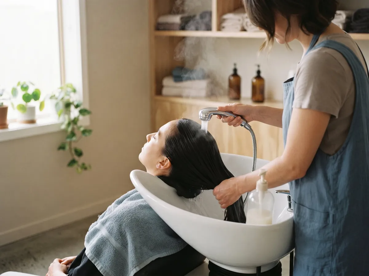 Illustration: long, smooth hair being rinsed at a salon basin