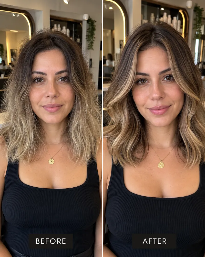 Before and after: grown-out brunette balayage brightened with caramel face-framing pieces