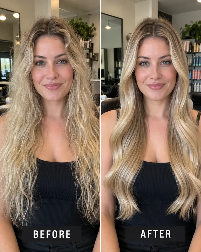 Before and after: brassy wavy blonde toned and refreshed into bright, smooth blonde