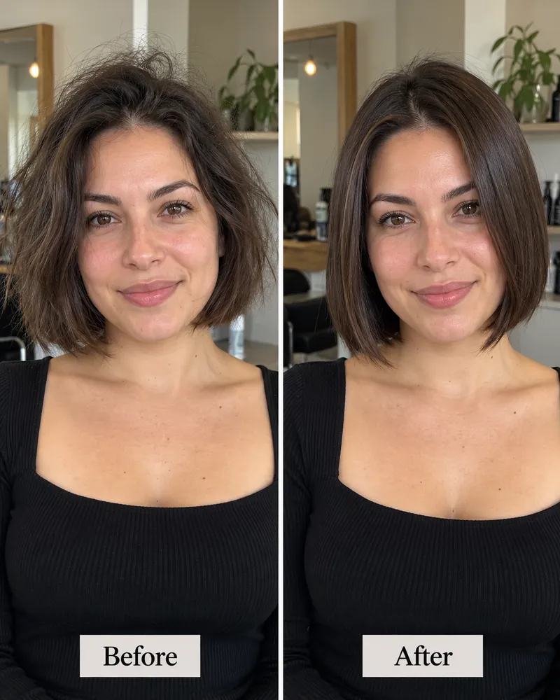 Before and after: an overgrown brunette bob reshaped into a sleek chin-length bob
