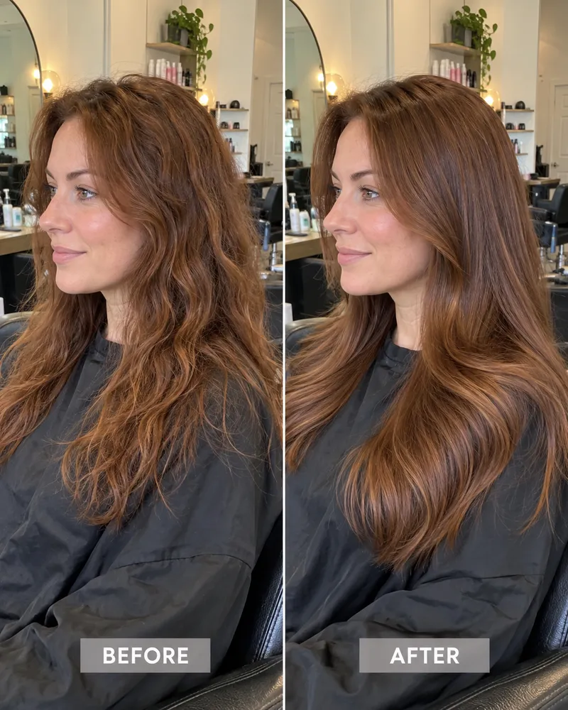 Before and after: faded red waves refreshed to a glossy copper colour