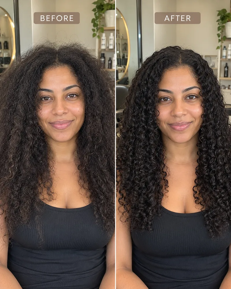 Before and after: dry, undefined curly hair styled into defined, glossy curls