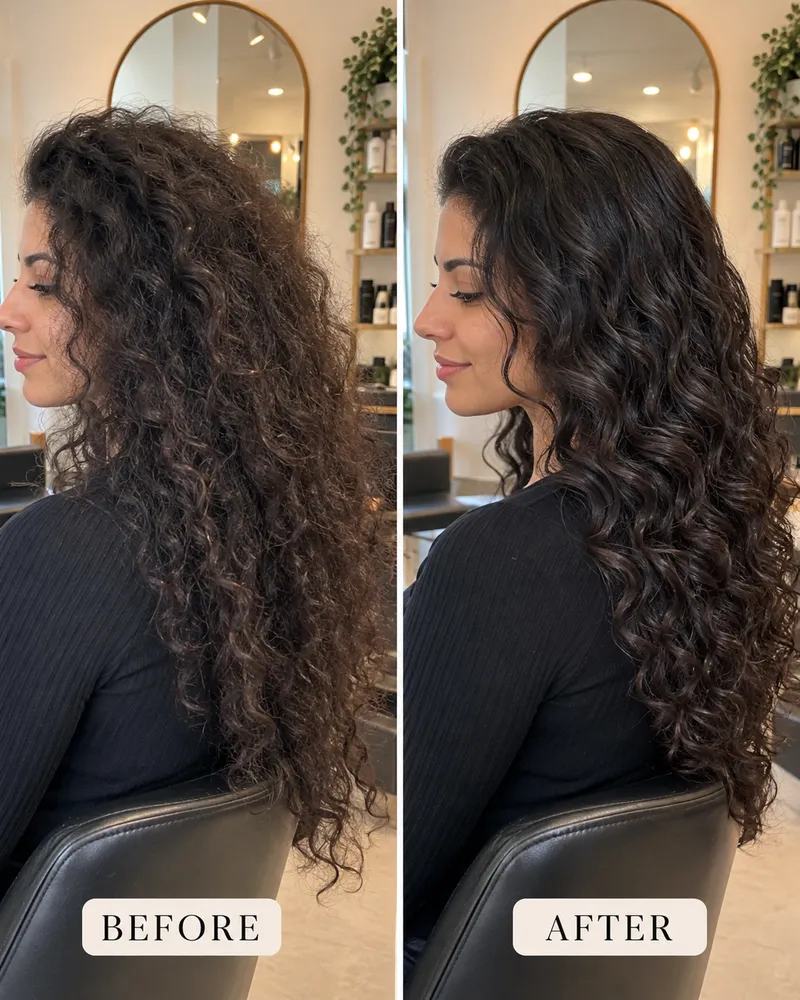 Before and after, side view: long curly hair cut and shaped into defined, bouncy curls