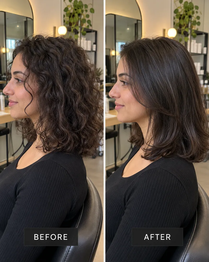 Before and after, side view: shoulder-length curly hair cut and blow-dried into a smooth, sleek lob