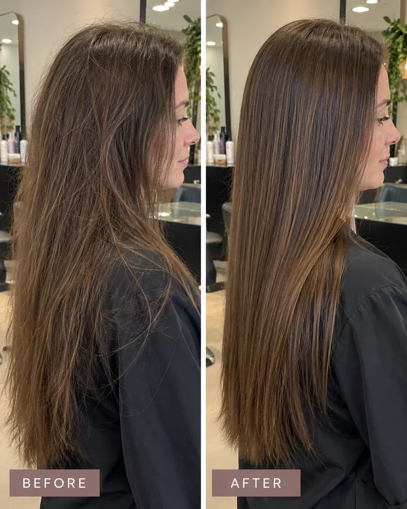 Before and after, side view: frizzy long brunette hair smoothed into glossy, straight hair