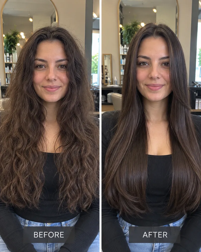 Before and after: long, frizzy dark brown waves smoothed into sleek, straight hair