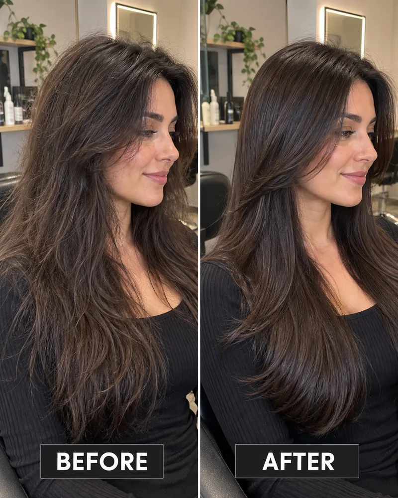 Before and after: long dark hair given a layered cut and a smooth, bouncy blow-dry